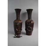 A Pair of Tall Japanese Meiji Period Bronze Vases, The Border Decorated with Applied Dragon (One