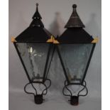 A Pair of Victorian Style Metal and Glass Outdoor Lanterns. 100cms High