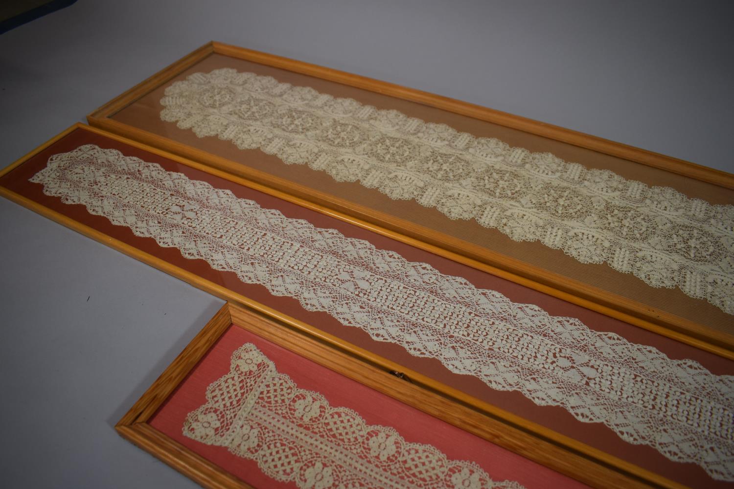 A Collection of Three Framed 19th Century Framed Lace Lappets with Scalloped Edges - Image 3 of 3