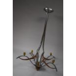 An Art Deco Ceiling Light in Chrome and Copper with Four Branches and Five Bulb Holders. 94cms High