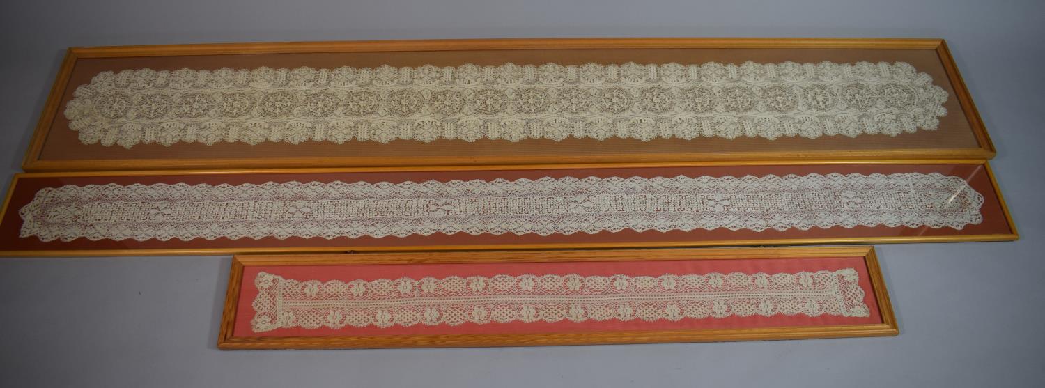 A Collection of Three Framed 19th Century Framed Lace Lappets with Scalloped Edges