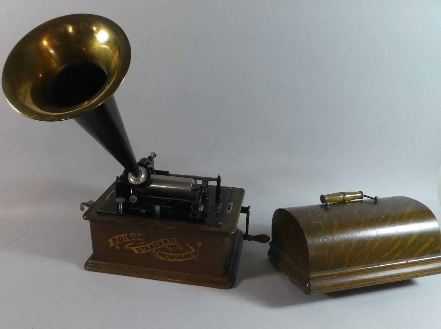 An Oak Cased Edison Standard Phonograph with Trumpet. In Working Order with Key