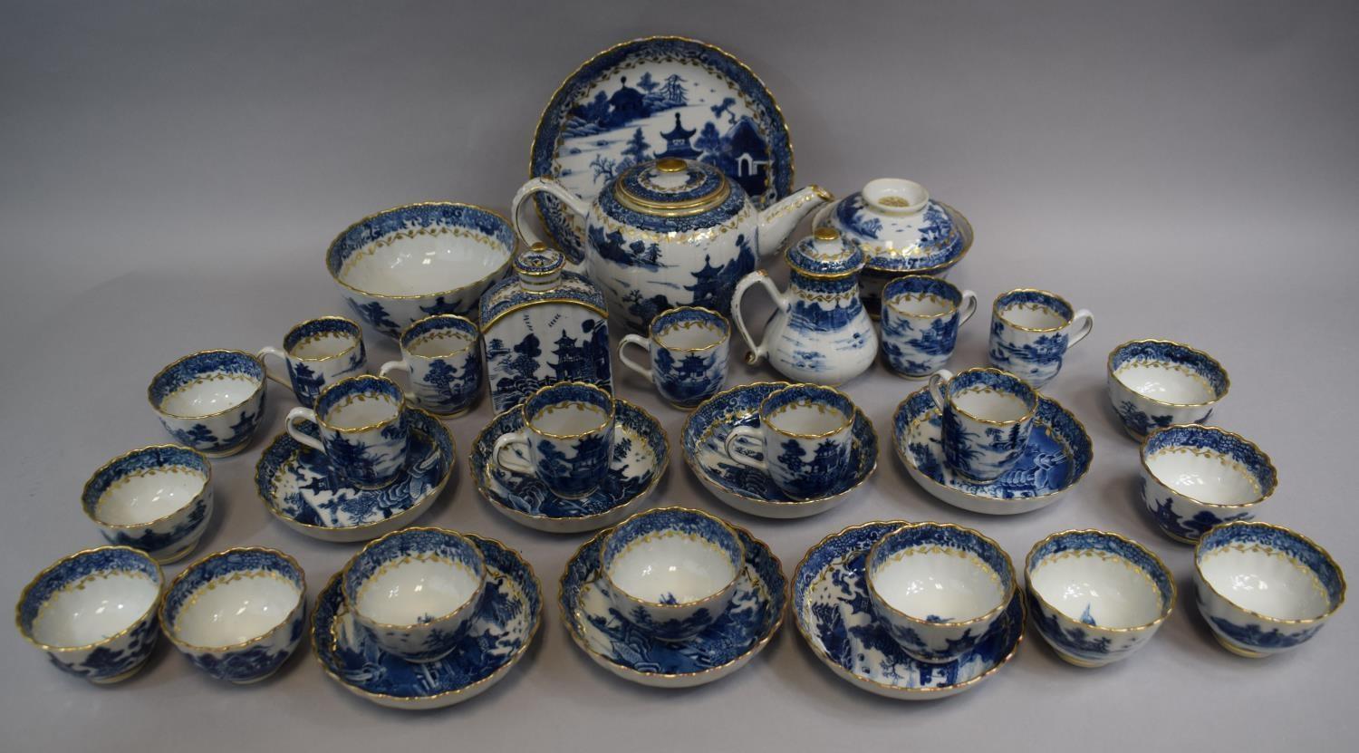 A Chinese Export Style Blue and White Pagoda Pattern Tea Set with Gilt Highlights Comprising Tea - Image 2 of 4