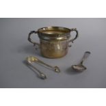 A Silver Two Handled Sugar Bowl Monogrammed HPG, a Matching Silver Teaspoon and a Small Silver Sugar