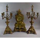 A Large Late 19th Century French Brass Clock Garniture with Eight Day Movement