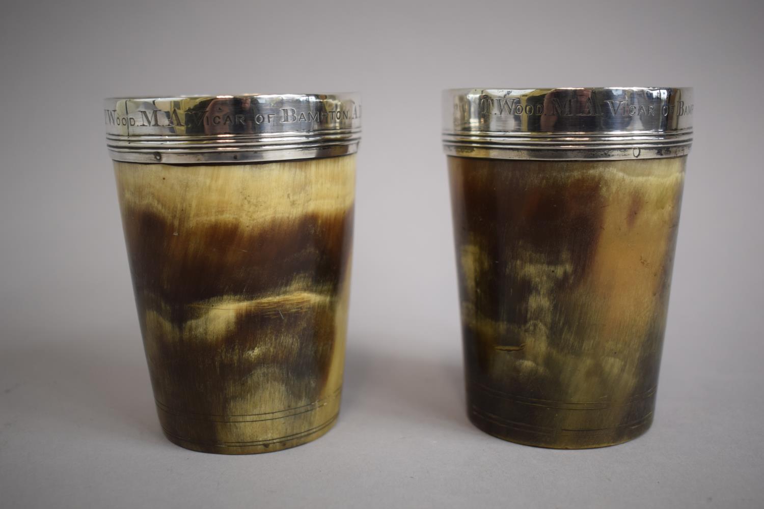 A Pair of 18th Century White Metal Mounted Horn Beakers, The Rims Inscribed "T Wood The Vicar of