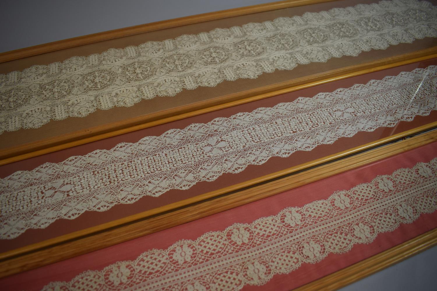 A Collection of Three Framed 19th Century Framed Lace Lappets with Scalloped Edges - Image 2 of 3