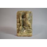 A 19th Century Chinese Carved Soapstone Free Standing Plaque Depicting a Tea Drinking Seated