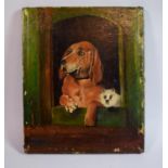 A British Naive School Oil Painting on Canvas of Two Dogs Peering Out of Kennel, Dignity and