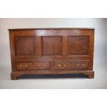 A Period Oak Three Panel Coffer Chest with Two Base Drawers. Hinged Lid with Mahogany Crossbanded