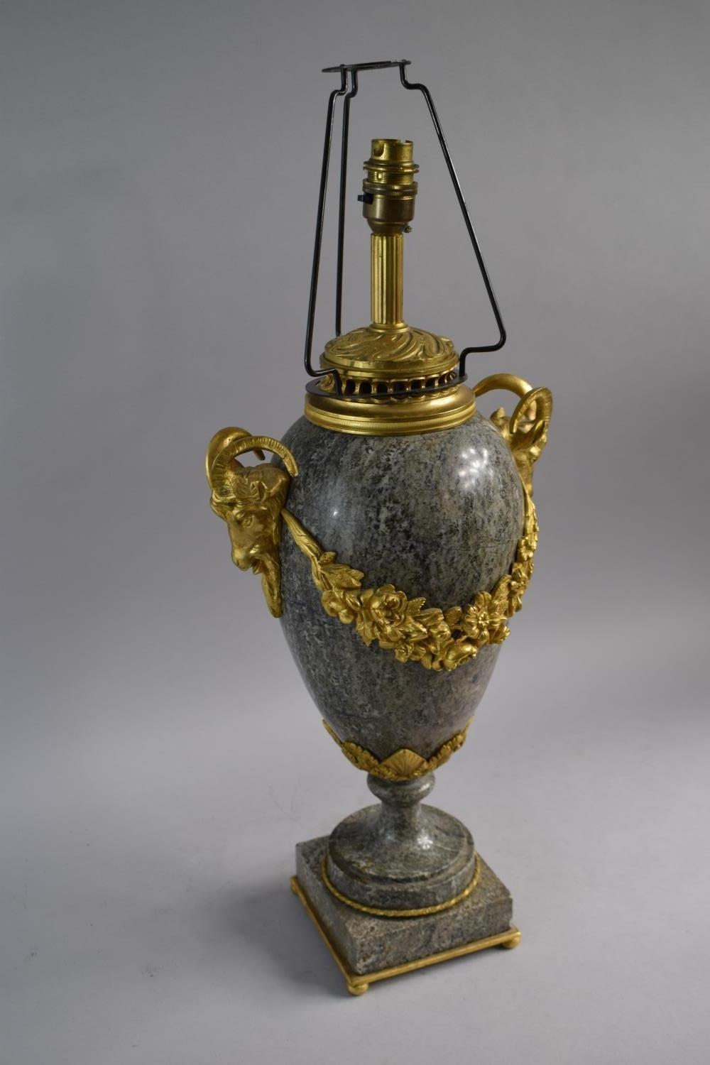 A Large French Ormolu Mounted Polished Marble Table Lamp of Vase Form with Rams Head Carrying