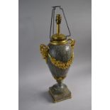 A Large French Ormolu Mounted Polished Marble Table Lamp of Vase Form with Rams Head Carrying