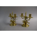 A Pair of Late 19th Century Brass Two Branch Bedchamber Candlesticks with Finger Ring and Thumb