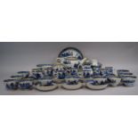 A Chinese Export Style Blue and White Pagoda Pattern Tea Set with Gilt Highlights Comprising Tea