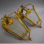 A Pair of French Gilt Metal Wall Hanging Lights with Etched Glass Panel Shades. 34cm High