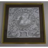 A Framed Contemporary Lace Panel Depicting Robin Hood. "Nottinghamshire County Council", 31cm