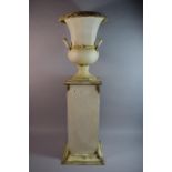 A Painted Metal Classical Twin Handled Urn on Plinth. 95cms High