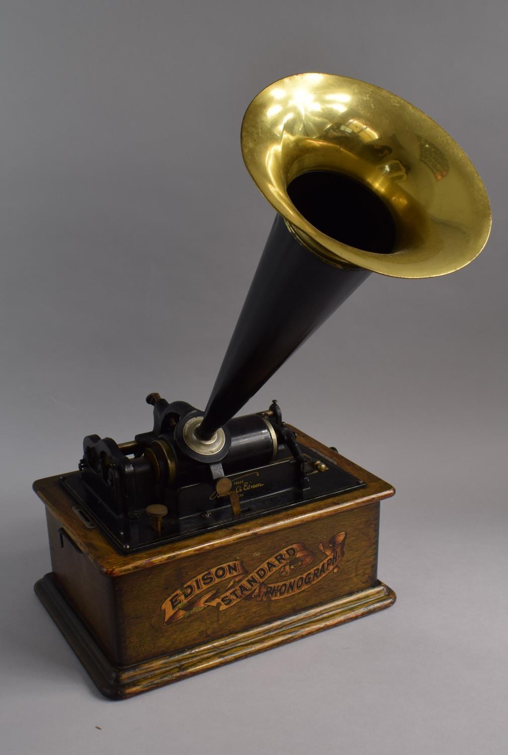 An American Oak Cased Edison Standard Phonograph with Horn. In Mechanical Working Order. Requires