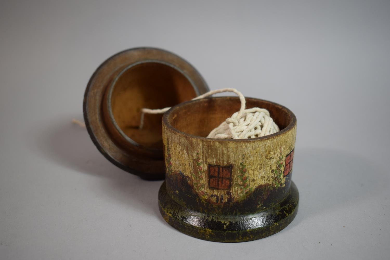 A 19th Century Treen String Box Modelled as a Circular Cottage or Lodge, Painted and Carved - Image 4 of 4