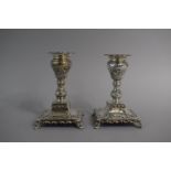 A Pair of Silver Candlesticks on Square Bases with Scrolled Feet, Birmingham Hallmarks, 12cm High