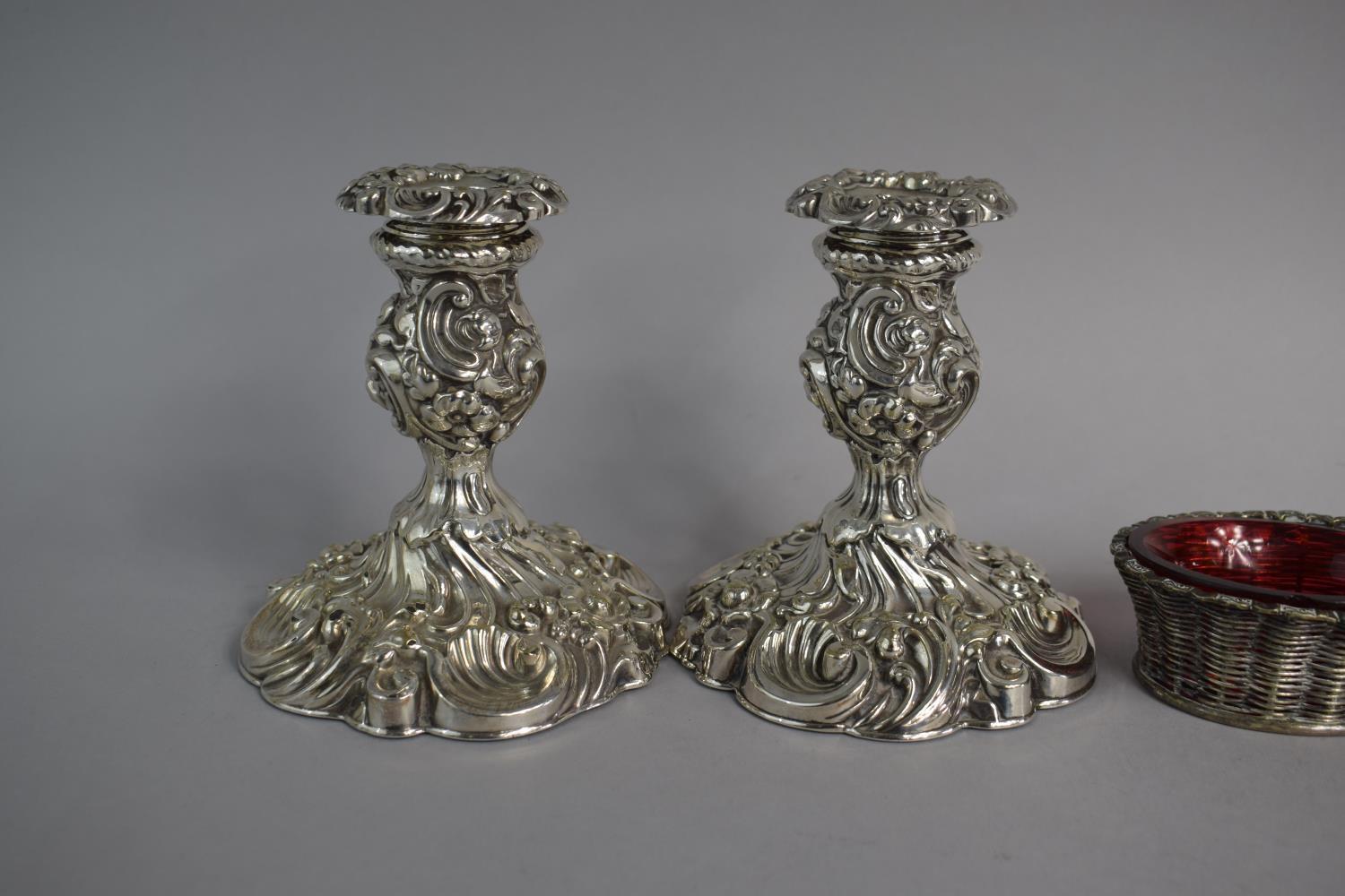 A Pair of Silver Plated Rococo Style Candlesticks Together with a Pair of Silver Plated Salts in the - Image 4 of 4