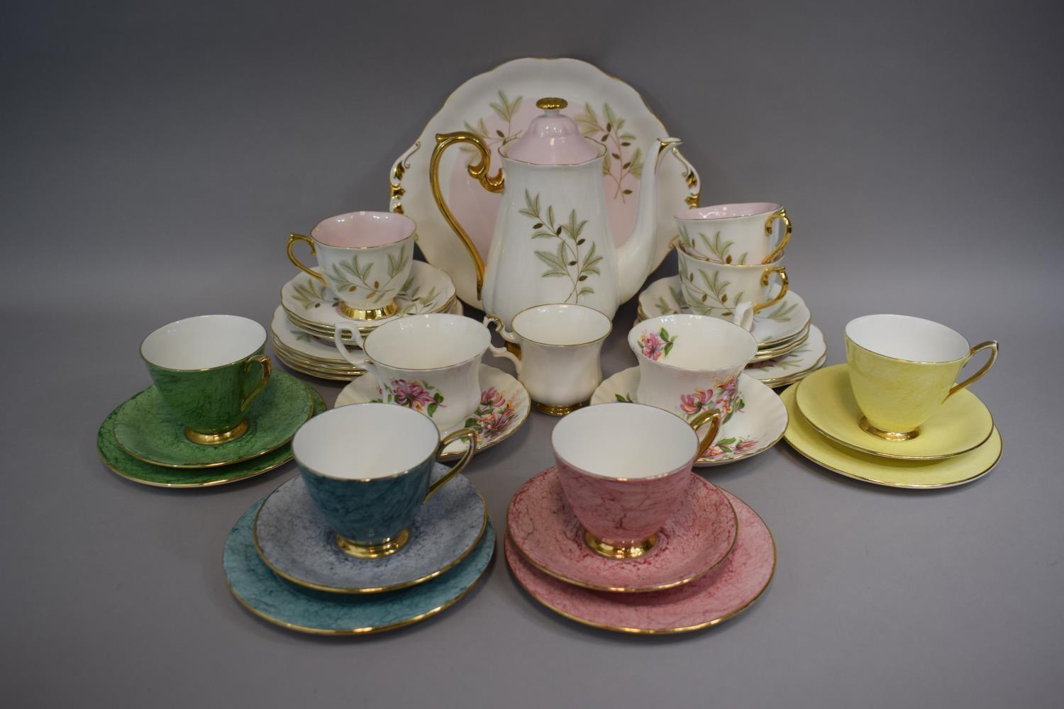 A Collection of Four Royal Albert Gossamer Trios Together with Coffee Pot, Six Saucers and Side