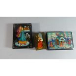 A Collection of Three Russian Lacquered Boxes, The Lids Decorated with Fairy Tale Scenes, Largest