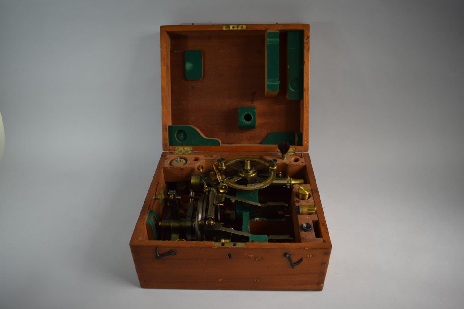 A Mahogany Cased Brass Theodolite by Troughton & Simms Having Telescope Compass, Magnifiers,