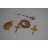 Two 9ct Gold Crucifix Pendants together with a 9ct Gold Locket and a 15ct Gold Hat Pin having Star