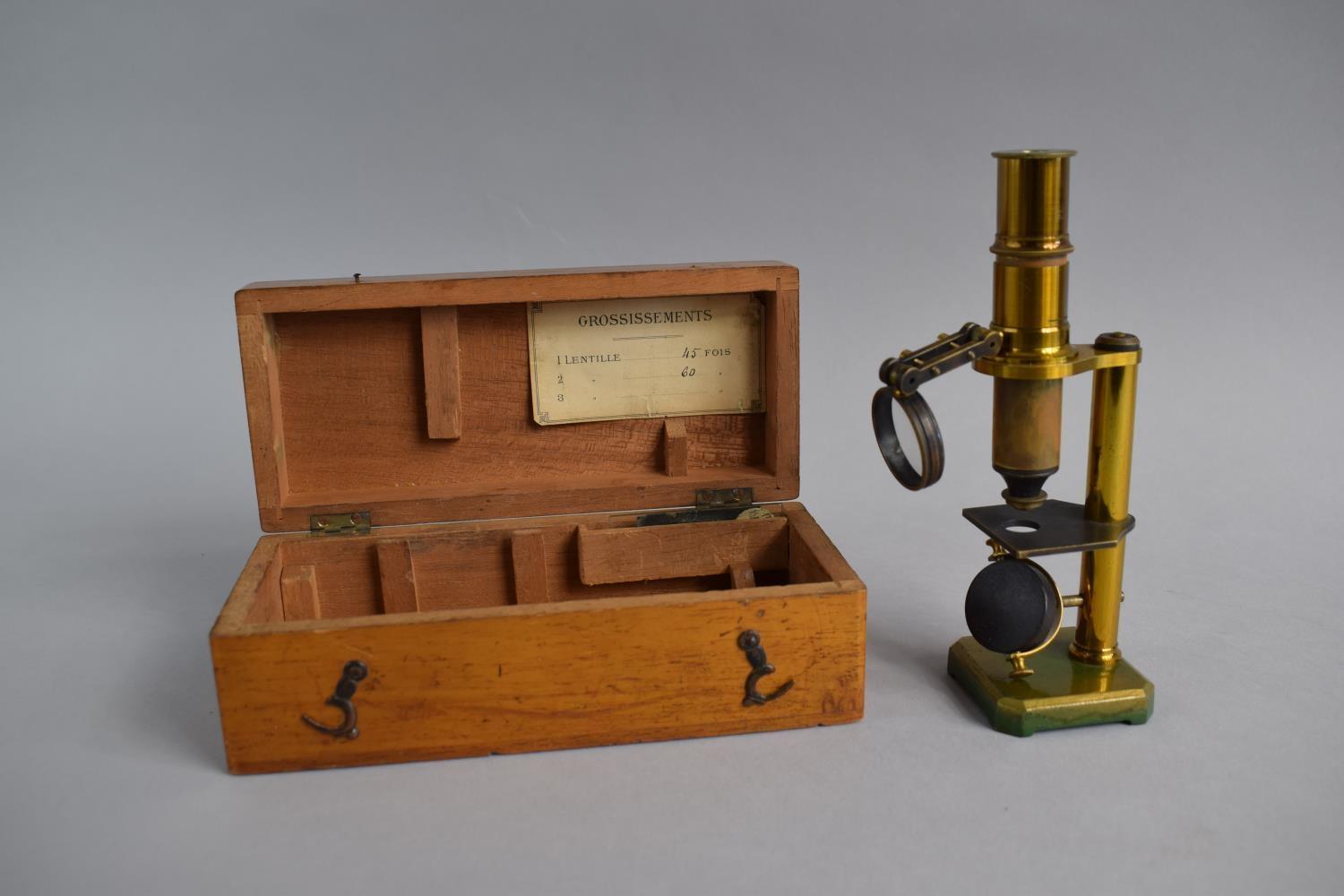 A Wooden Cased Brass Field Microscope with Condenser Lens - Image 2 of 2