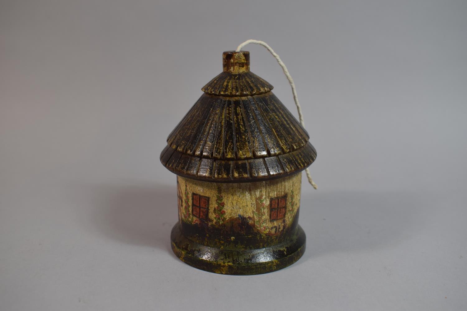 A 19th Century Treen String Box Modelled as a Circular Cottage or Lodge, Painted and Carved