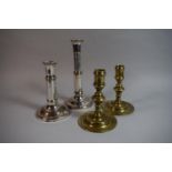 A Pair of 18th Century Brass Candlesticks. 15cms High, and a Pair of 18th Century Sheffield Plate