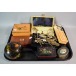 A Tray of Curios to Include Vintage Ladies Makeup Box, Oriental Wooden Box, Lacquer Wood Jewellery