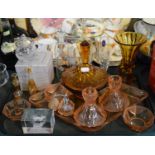 A Collection of Glassware to Include Amber Glass Vase, Lidded Amber Glass Pot, Dressing Table Set,