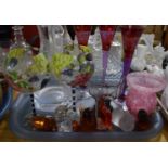 A Tray of Coloured Glass to Include Paperweights, Drinking Glasses, Vases