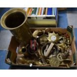 A Box Containing Various Brass Ornaments, Jugs, Stick Stand etc