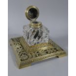 A Victorian Desk Top Glass Inkwell On Pierced Brass Stand, 17cm Square