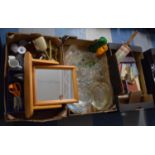 Three Boxes Containing Glasswares, Cutlery, Pine Dressing Table Mirror, Books etc