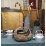 A Collection of Three Fire Guards, Coal Scuttle, Five Walking Sticks and Wicker Shopping Basket etc