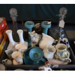 A Tray of Ceramics and Glassware to Include Pair of Decanters, Candle Sticks, Bedchamber Stick etc