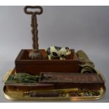 A Tray of Curios to Include Vintage Dominoes, Brass Mounted Spirit Level, Three Drawer Toast Rack,