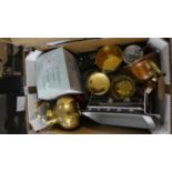 A Box Containing Various Copper and Brassware, Vintage Box Camera etc