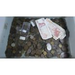 A Box Containing Box of British Copper Coinage, Foreign, Greek and Other Bank Notes etc