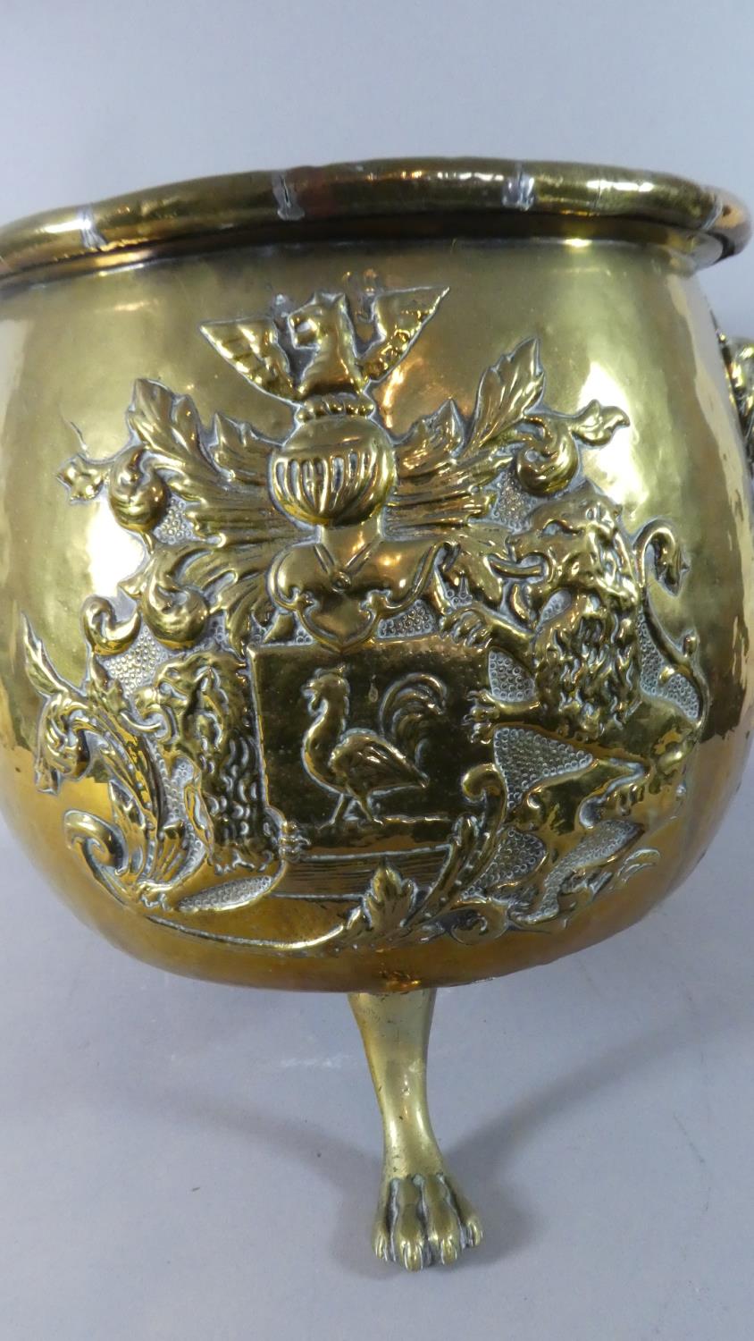 A Large Brass Coal Bucket with Lion Mask and Ring Carrying Handles and Armorial Decoration in - Image 2 of 5