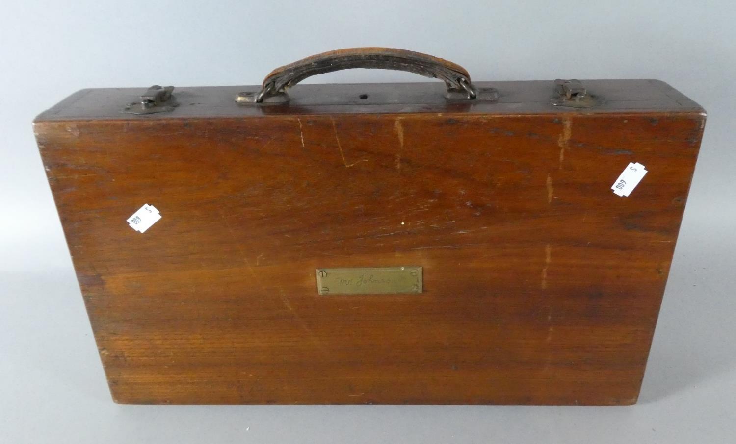 A Late Victorian Mahogany Carrying Case with Brass Plaque Inscribed Mr Johnston, 44cm Wide