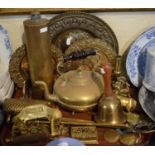 A Tray of Brassware to Include Bell, Amber Glass Style Handled Kettle, Brass Toilet Roll Holder,