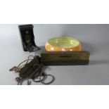 A Ceramic Lustre Bowl, Vintage Camera, Brass Mounted Spirit Level, Two Spring Balances and