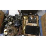 A Two Boxes of Metalwares, Brasswares, Pewter etc