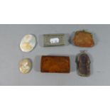 A Collection of Sundries to Include Two Snuff Boxes, Two Miniature Purses and Two Cameos