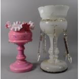 Two Victorian Glass Lustres, Pink Example Missing Droppers
